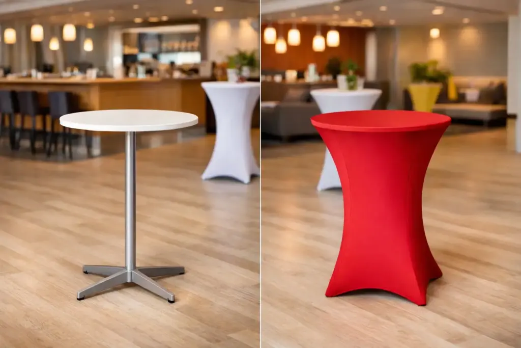 Stehtischhussen Trends 2026 vorher nachher Vergleich Stehtisch ohne und mit Stretchhusse Gastronomie Eventdeko