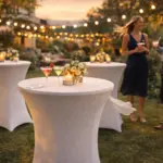 windfeste stretch hussen bei stilvollem frühlings cocktail event im garten mit beleuchtung und eleganter outdoor atmosphäre