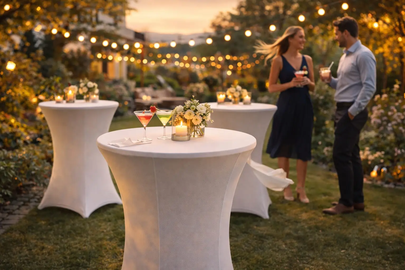windfeste stretch hussen bei stilvollem frühlings cocktail event im garten mit beleuchtung und eleganter outdoor atmosphäre