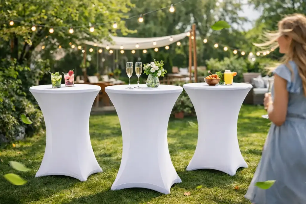 windfeste stretch hussen für stehtische im garten cocktail event stabil und elegant