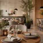 Moderne Restaurant Deko mit stilvoller Tischgestaltung, natürlichen Materialien, harmonischen Farben und modernen Einrichtungsideen für Gastronomie