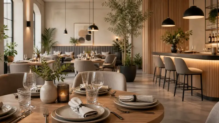 Moderne Restaurant Deko mit stilvoller Tischgestaltung, natürlichen Materialien, harmonischen Farben und modernen Einrichtungsideen für Gastronomie