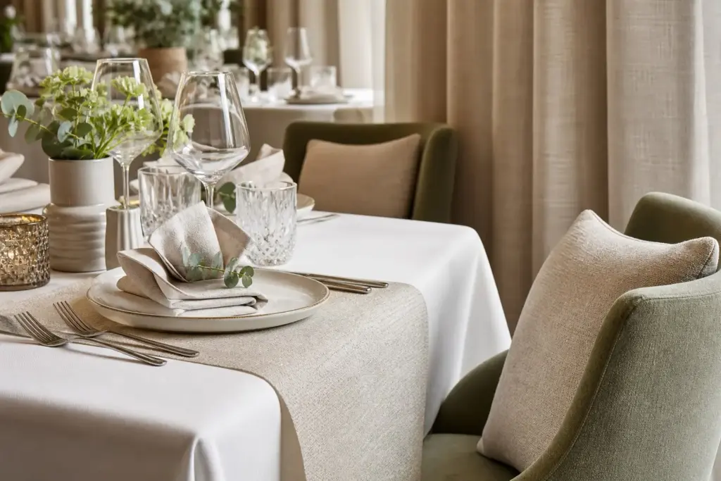 Hochwertige Textilien für moderne Restaurant Deko mit Tischdecke, Stoffservietten, Polsterung und eleganter Tischgestaltung