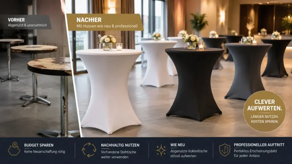 Alte Stehtische aufwerten mit Hussen für professionelle Events und Gastronomie