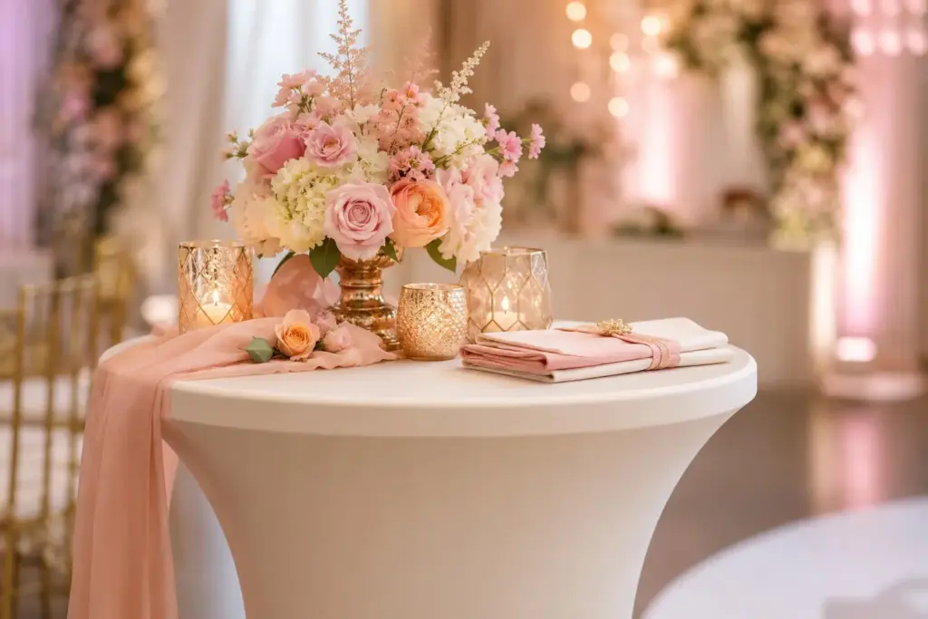 Cremefarbene Stretchhusse auf einem Stehtisch mit Pastellblumen, goldenen Kerzenhaltern und abgestimmter Tischdeko für eine romantische Hochzeit.