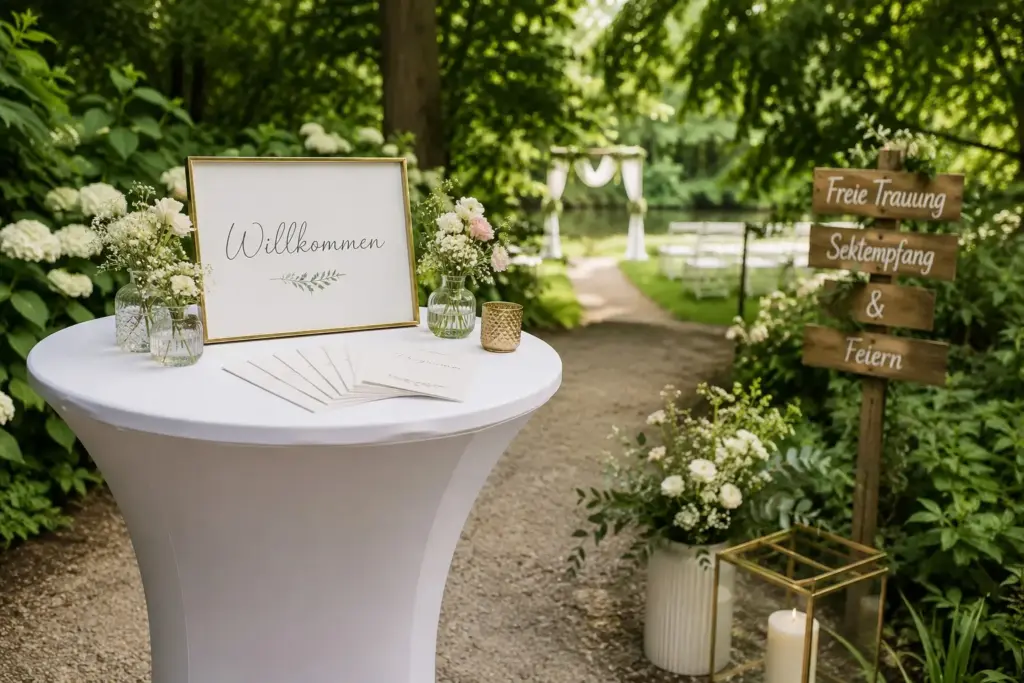 Weiße Stretchhusse auf einem Stehtisch am Eingang einer freien Trauung im Grünen mit Willkommen-Schild, Programmkarten und kleinen Blumenvasen.