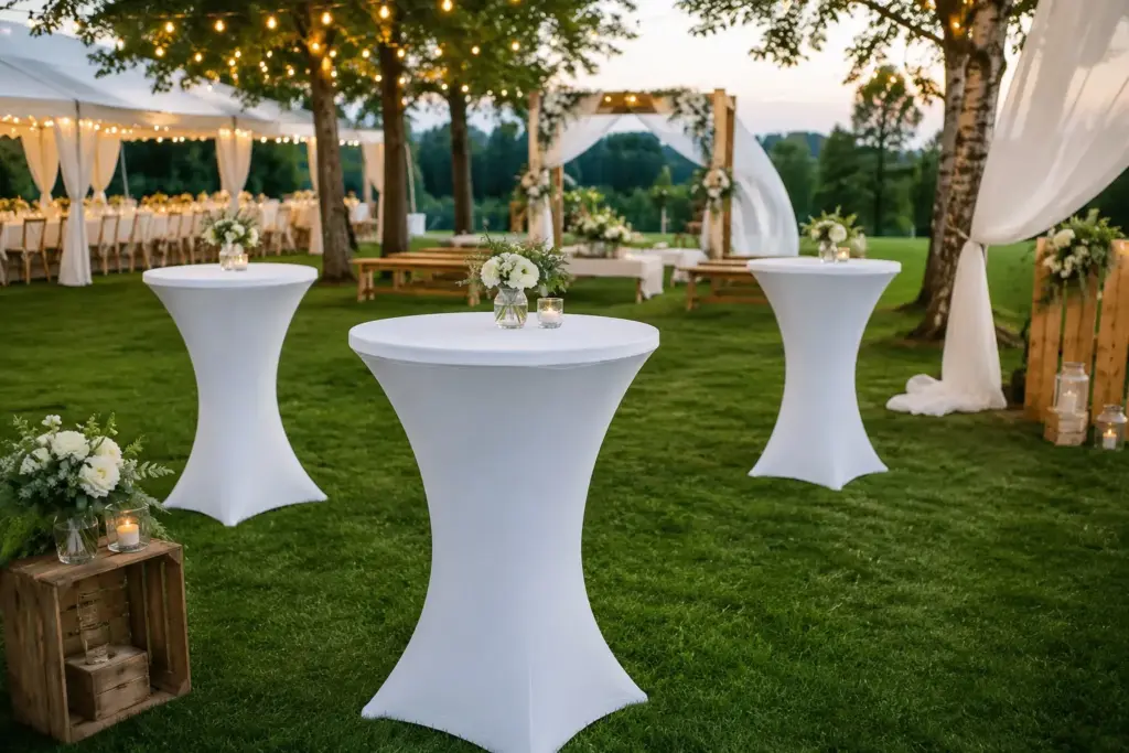 Weiße Stretchhussen für Stehtische im Außenbereich einer Gartenhochzeit mit grüner Wiese, Lichterketten und natürlicher Holzdekoration.