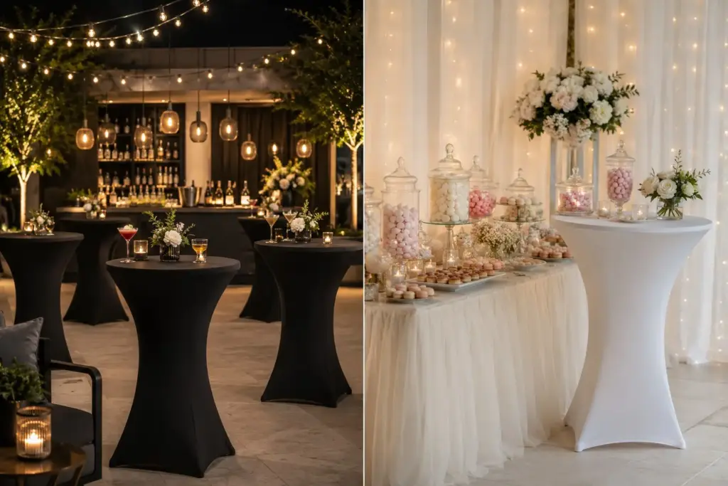 Zweiteilige Hochzeitsvorlage mit schwarzer Stretchhusse im Barbereich und weißer Stretchhusse neben einer Candy Bar mit Süßigkeiten, Blumen und eleganter Dekoration.
