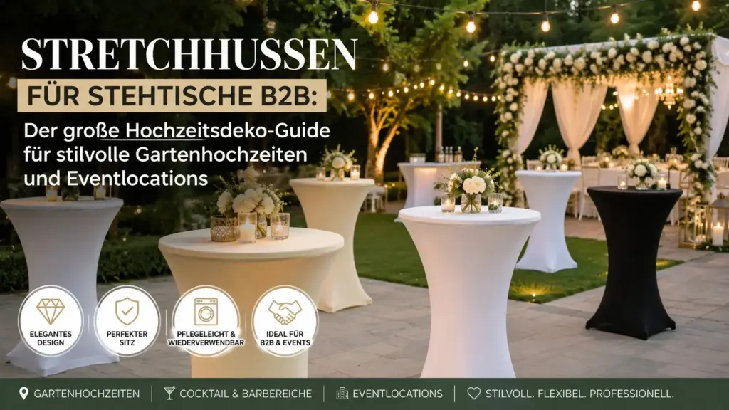 Elegante Gartenhochzeit mit weißen und cremefarbenen Stretchhussen für Stehtische, floraler Dekoration, Lichterketten und stilvollem Empfangsbereich.