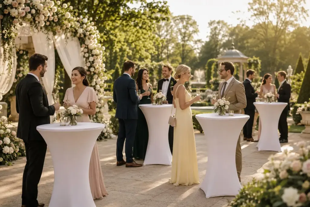 Weiße Stretchhussen für Stehtische bei einer eleganten Gartenhochzeit mit Gästen, Sektgläsern, Blumen und warmer Abendsonne.