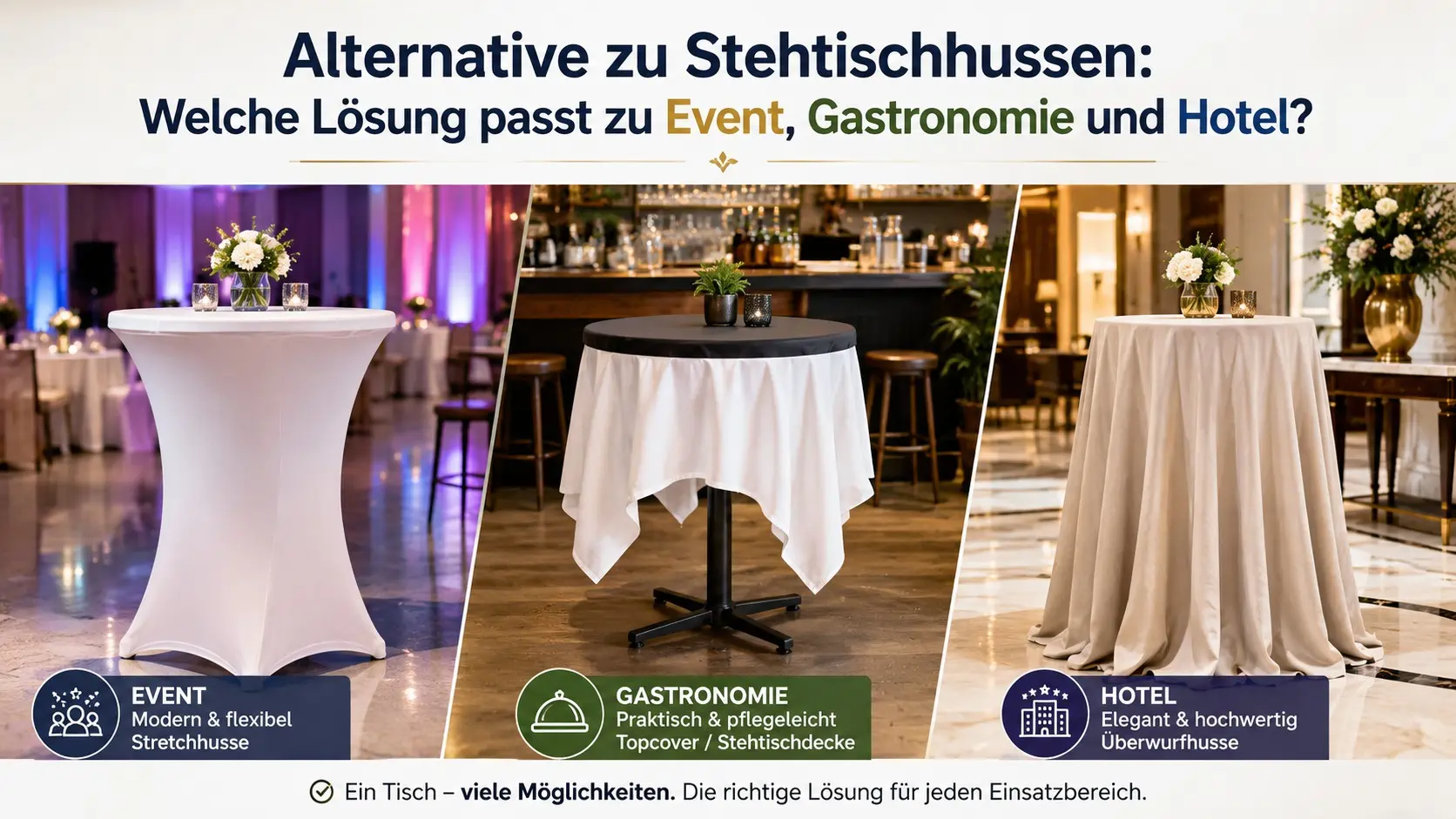 Alternative zu Stehtischhussen für Event, Gastronomie und Hotel im direkten Vergleich mit Stretchhusse, Topcover und Überwurfhusse