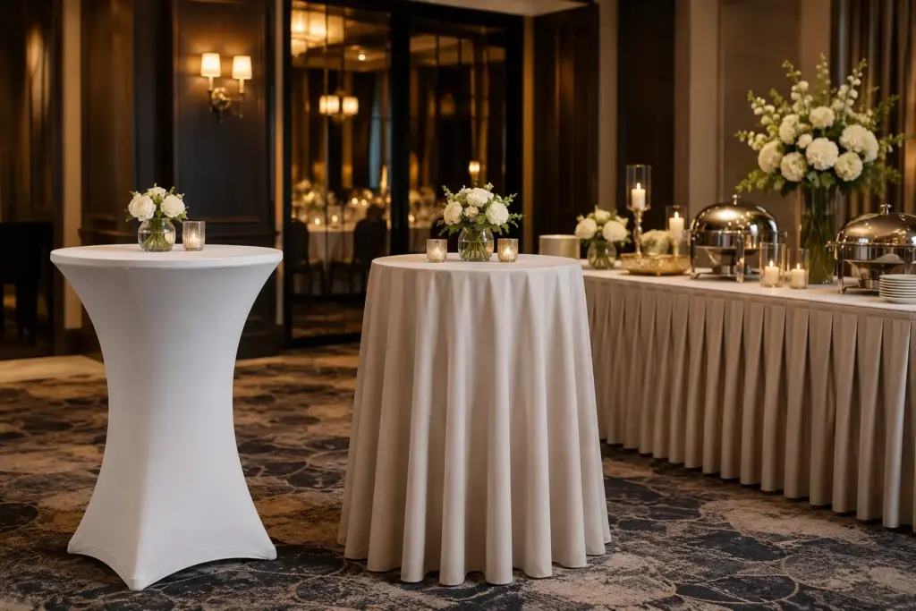 Stretchhusse, Überwurfhusse und Skirting als elegante Stehtischhussen Alternativen für Event, Hotel und Bankett