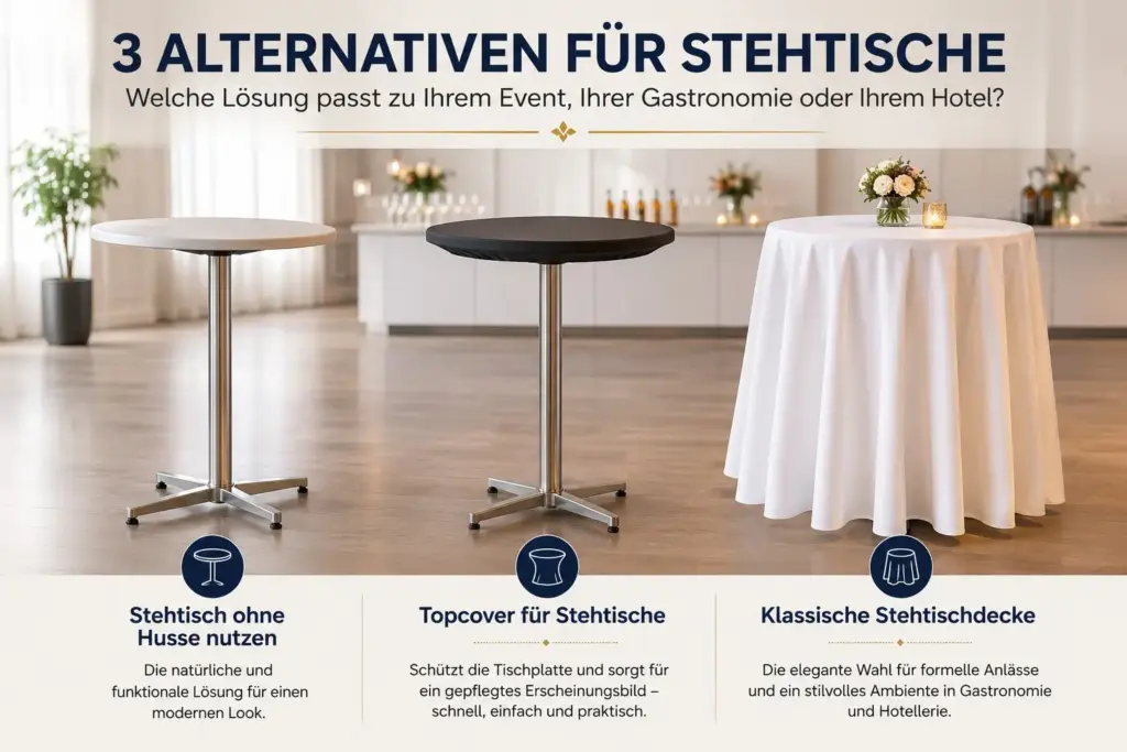 Topcover, klassische Stehtischdecke und Stehtisch ohne Husse als Alternative zu Stehtischhussen im Vergleich