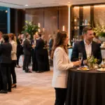 Premium Firmenevent mit mehreren Stehtischen und unterschiedlichen Gästegruppen