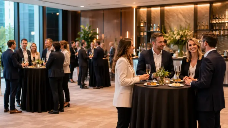 Premium Firmenevent mit mehreren Stehtischen und unterschiedlichen Gästegruppen