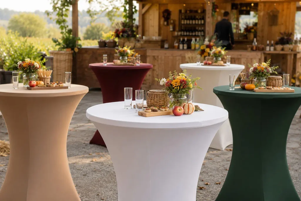 Weiße, beige, grüne und bordeauxfarbene Stehtische mit Blumen, Äpfeln und dezenter Herbstdekoration