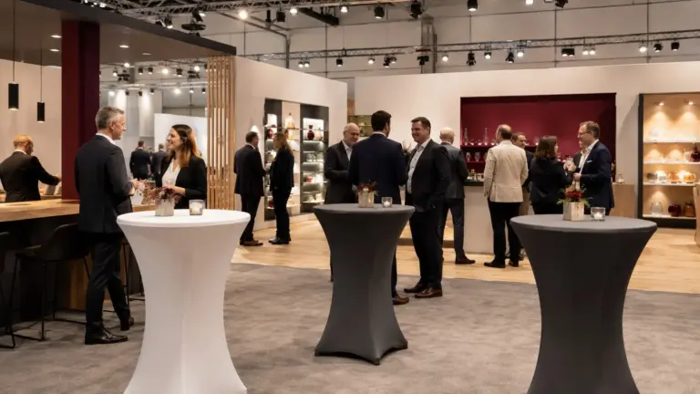 Professionelle Messeausstattung im Herbst mit Stehtischen, Hussen und Networkingbereich