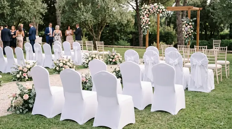 Detailansicht eines modernen Freischwingers mit einem hochwertigen, faltenfreien Stretch-Bezug in einem eleganten Veranstaltungsraum, fokussiert auf die perfekte Passform am Stuhlrücken und dem metallischen Kufengestell.