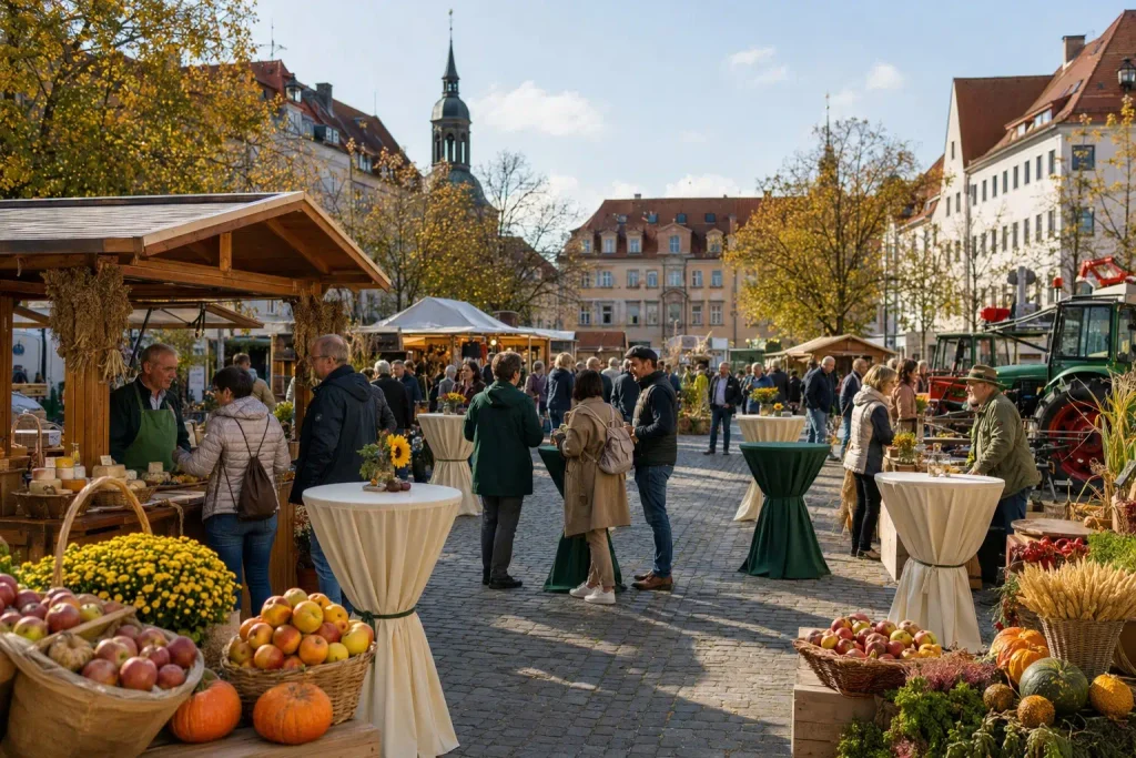 Stehtischhussen für Erntedankfeste auf einem historischen Stadtplatz mit Marktständen, Ernteprodukten und landwirtschaftlichen Fahrzeugen
