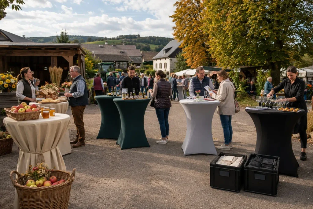 Unterschiedlich gestaltete Stehtischbereiche für Hofläden, Lebensmittelmarken, Vereine und Catering auf einem Erntefest