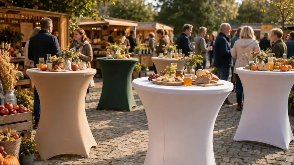 Mit Hussen ausgestattete Stehtische für Verkostungen regionaler Lebensmittel auf einem herbstlichen Erntedankfest