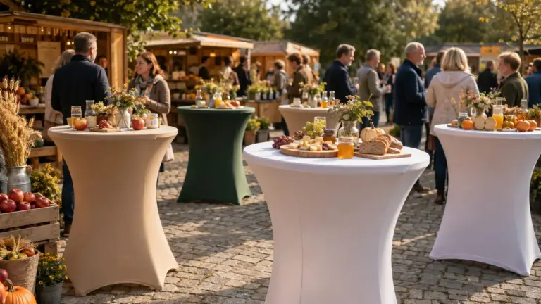Mit Hussen ausgestattete Stehtische für Verkostungen regionaler Lebensmittel auf einem herbstlichen Erntedankfest