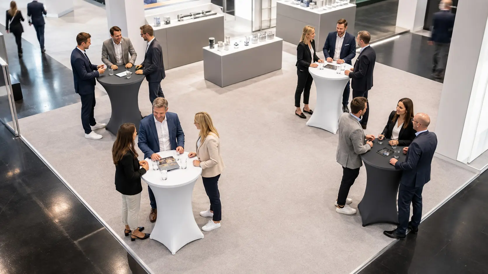 Stehtischhussen für den Messestand aus der Vogelperspektive