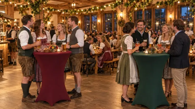 Vom Cannstatter Volksfest 2026 inspirierte Indoor-Feier mit Gästen, bordeauxfarbenen und grünen Stehtischhussen sowie warmen Lichterketten.
