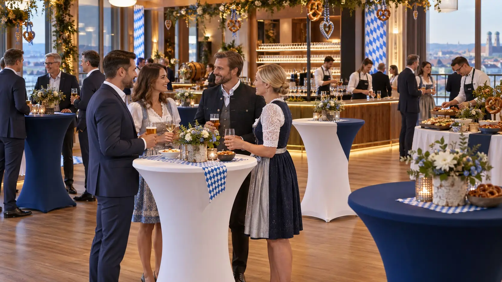 Stehtischhussen Oktoberfest bei einer Firmenfeier mit Empfang, Bar und Cateringbereich
